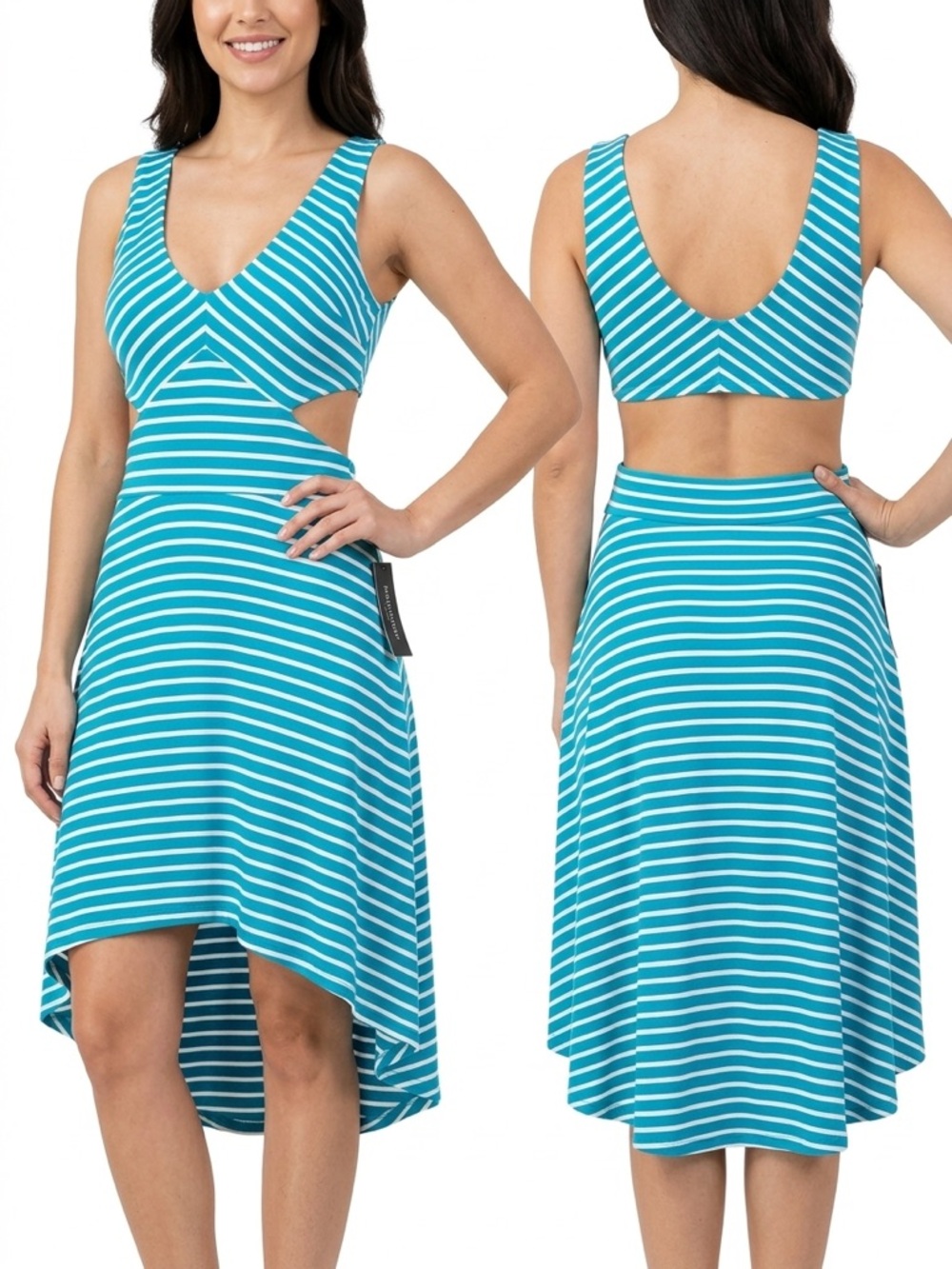 bebe Teal and White Striped High-Low Cutout Dress open back NWT